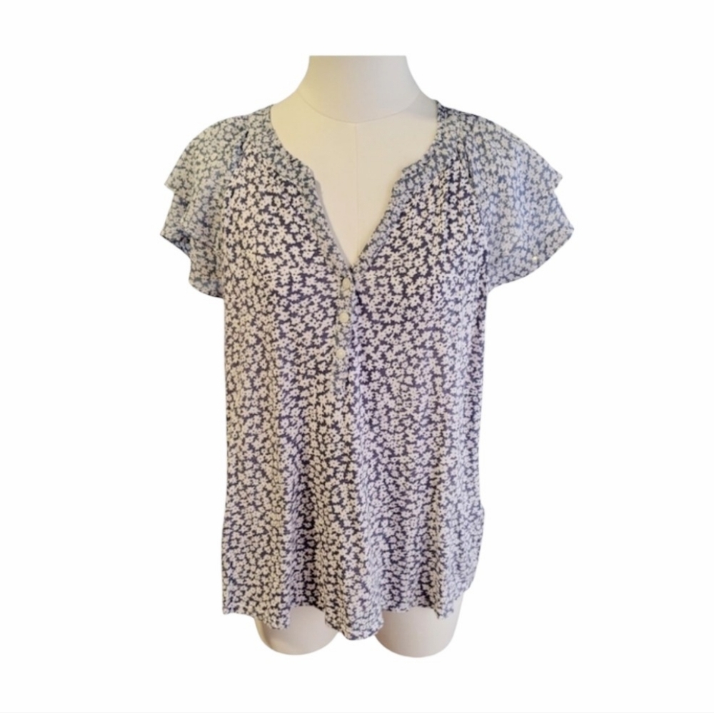 Style & Co. Dainty Pale Blue Gray White Floral Ruffle Sleeve Blouse Size Large